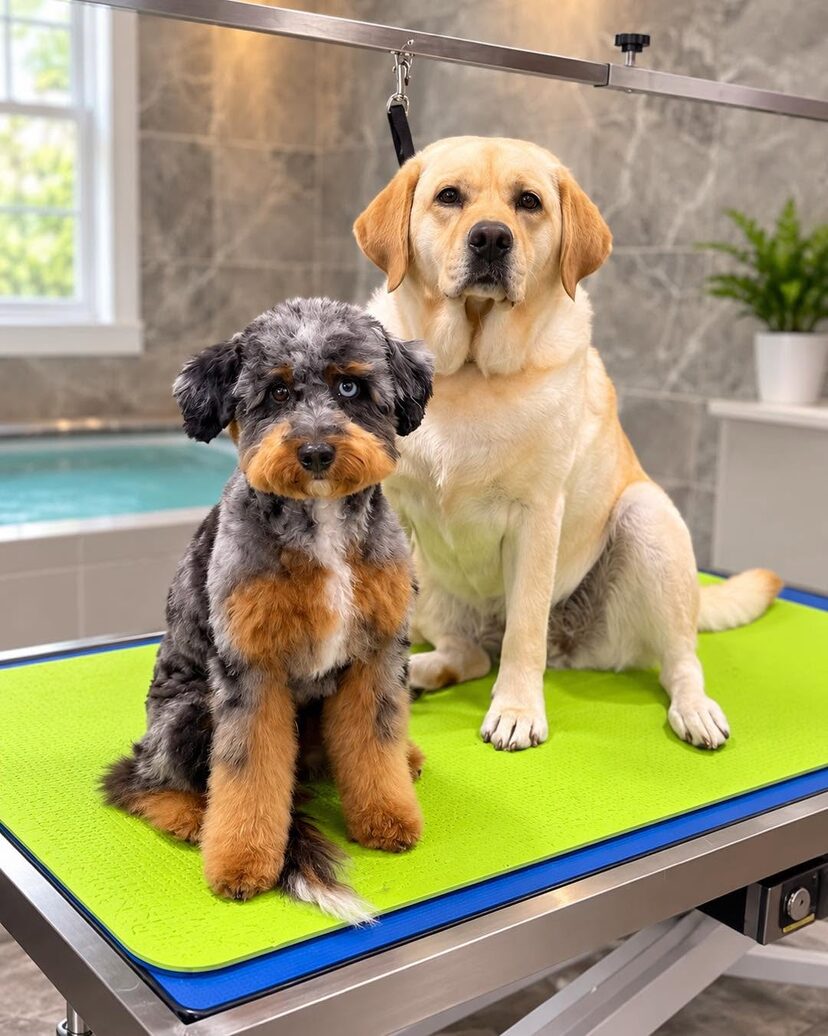 A merle bernedoodle and a yellow lab sitting together on the grooming table after their appointment