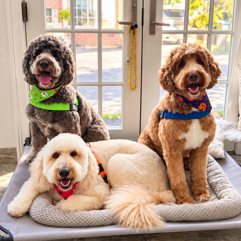 Three doodles in Halloween bandanas lined up together after their grooms